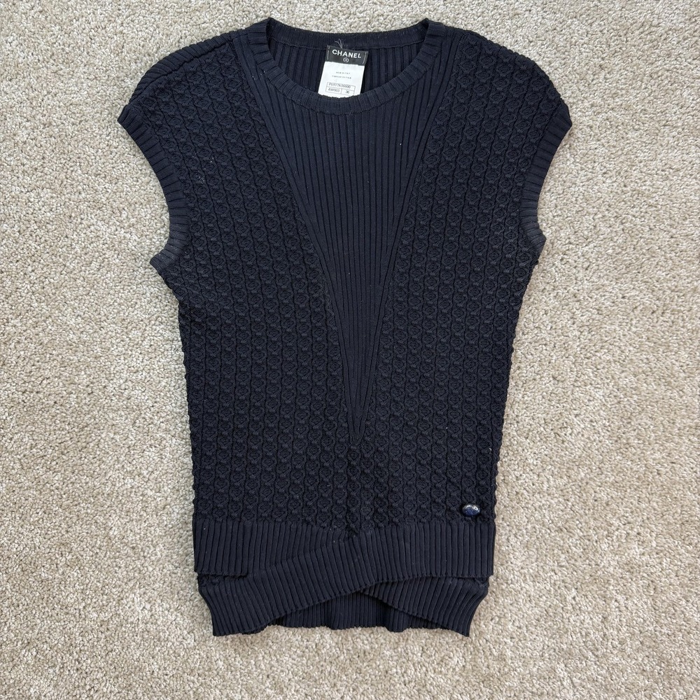 CHANEL Sweater Womens 36 Black Cotton Sleeveless Knit Crew Neck Pullover Slim